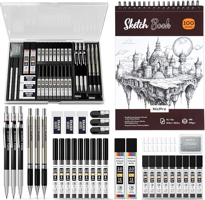 Nicpro 37PCS Art Drawing Supplies Kit | Metal Mechanical Pencil Set 0.5, 0.7, 0.9 & 2mm, 100 Sheets 9x12 Sketch Book, 288PCS Leads, School Supplies Drawing Kit