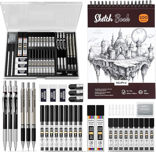 Nicpro 37PCS Art Drawing Supplies Kit | Metal Mechanical Pencil Set 0.5, 0.7, 0.9 & 2mm, 100 Sheets 9x12 Sketch Book, 288PCS Leads, School Supplies Drawing Kit