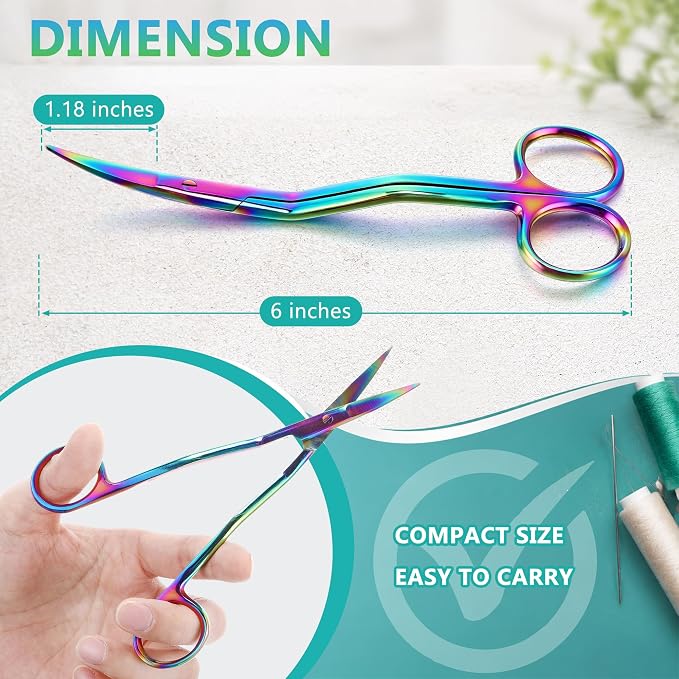 Therwen 6" Bent Handle Curved Embroidery Scissor,Appliqué Scissor,Rainbow