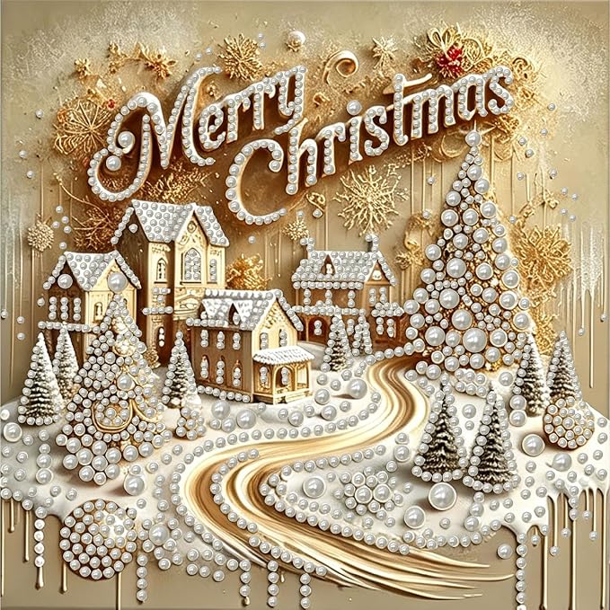 Merry Christmas Tree House Diamond Art Kits for Adults, 3D Special Shape Pearl Diamond Painting Kits for Adults Beginners, DIY Plastic Pearl Painting Gem Crafts for Home Wall Decor 11.8x11.8 Inch