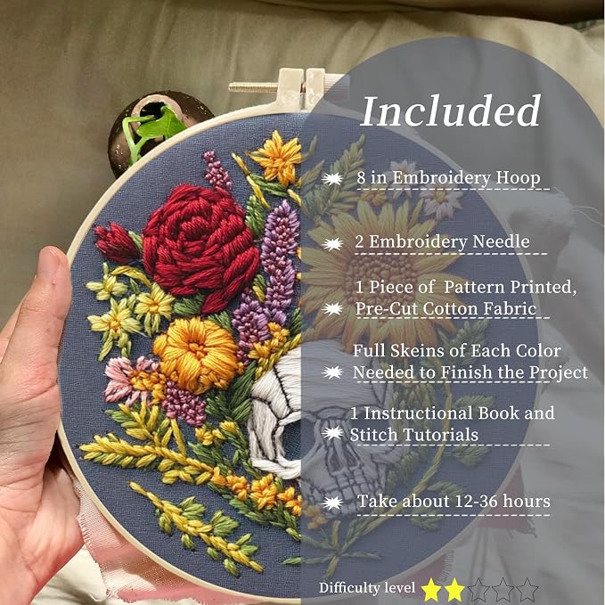FONNUY Floral Embroidery Kit for Beginners, Colorful Flowers Pre-Stamped Pattern Kits for Adults with Hoop, Thread Needlework, 8'' Hoop (Skull)