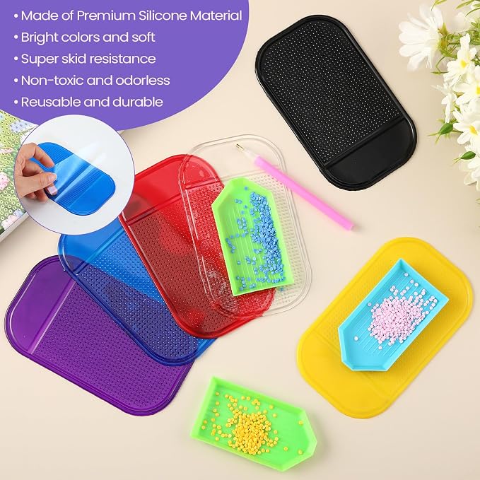 Blulu 6 Pcs Diamond Art Painting Accessories and Tool,Dark Color Style | Reusable Gel Holder for Art Supplies, Anti-slip Tools Keep Diamonds Secure, Sticky Mat Tray 5.6x3.3 in for Adults Crafts