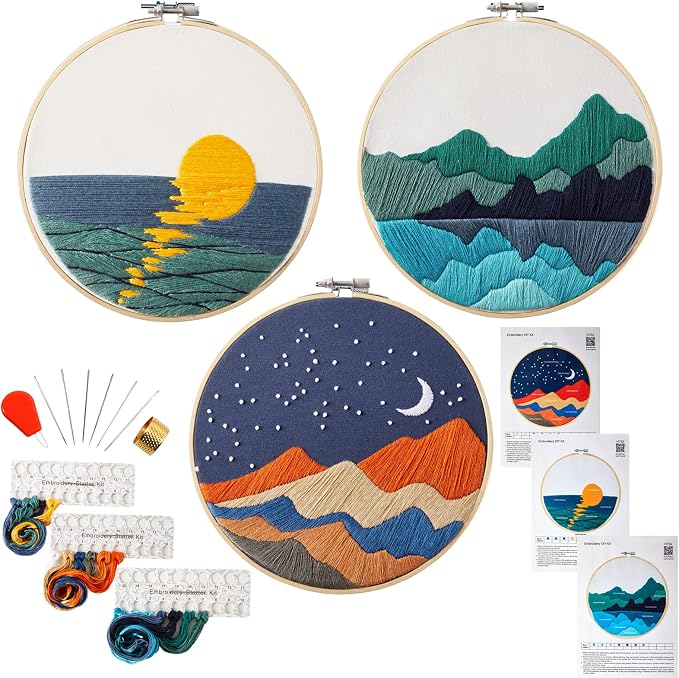 Embroidery Kits for Beginners Adults, Stamped Cross Stitch kits for Adult Beginners Embroidery Starter Kit with Pattern, 3 Embroidery Hoop and Fabric, Needles Threads (Attached Teaching Video QR Code)