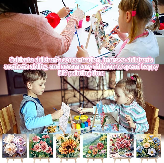 Tenceur 12 Sets Pre Drawn Canvas to Paint Adult Stretched Coloring Painting Canvas Panels with Design Easel and Brushes for Party Supplies Beginner Favor(Flower)