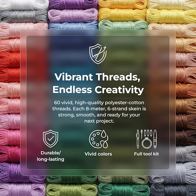 Huacan Embroidery Floss Kit with Storage Box 36/50 Colors Stitching Threads Sewing Kits 53/67 Pcs DIY Cross Stitch Accessories Set for Adults Beginner (60 Color（109 Pcs）)