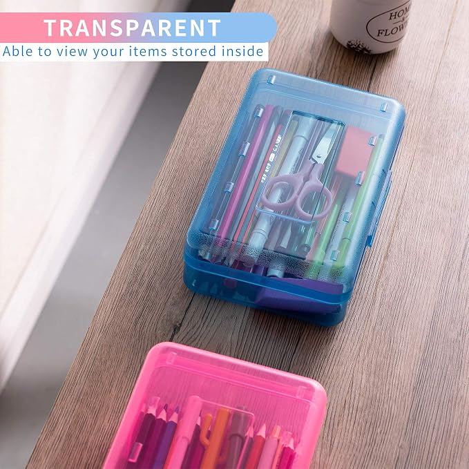 Sooez Plastic Pencil Case Box 6 Pack, Colored Large Craft Storage Bulk