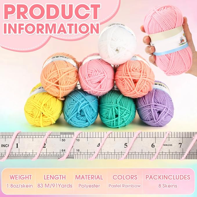 Buryeah Pastel Rainbow 8 Packs Crochet Yarn Knitting Bundle Beginner Acrylic Thread Fluffy Hand Tube Polyester Yarn Needles Bulky Kit Variety Pack 726 Yards for Weaving Crafts DIY Project Beginner