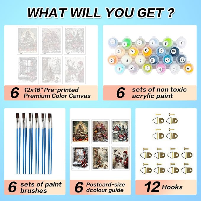 6 Pack Christmas Paint by Numbers Kits for Adults 12x16in(30x40cm)