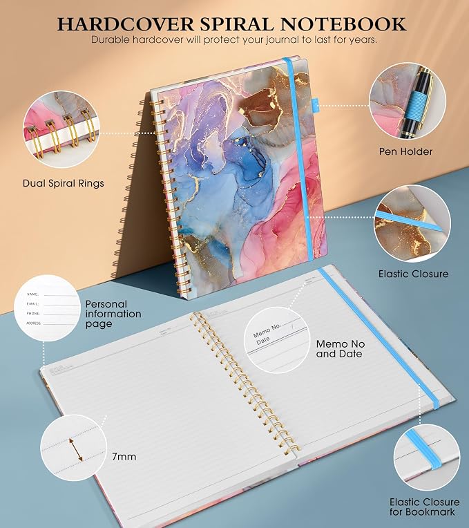 Spiral Notebook Journal 8.5” x 11”, A4 Large Notebooks for Women Men, College Ruled Lined Journal, 100 GSM Paper, Hardcover Spiral Bound Journals for Work School Note Taking, Vibrant Watercolor