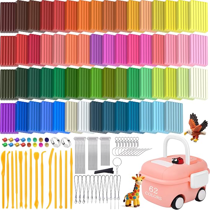 148 Pcs Polymer Clays 62 Bright Colors Oven Bake Clay Non-Sticky Modeling Clay DIY Starter Kit with Sculpting Tool and Accessories for Beginner Artists Jewelry Making Craft Gifts