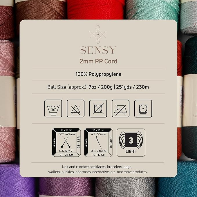 S Sensy 2mm - Premium Polypropylene Macrame Cord, 5 Skein Brown, 252 Yards