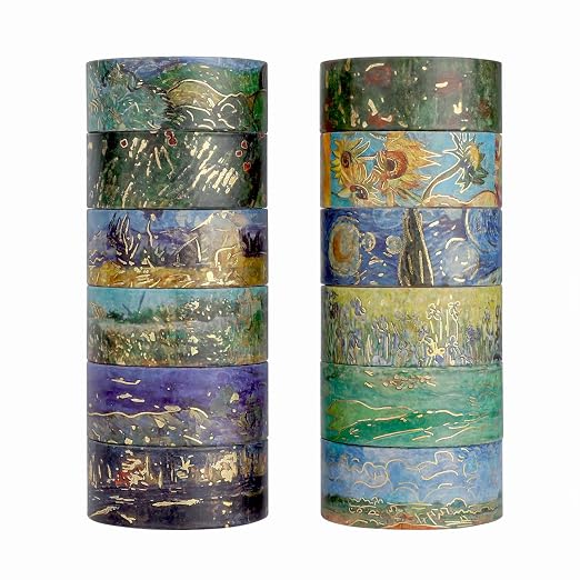 Lychii Washi Tape Set,12 Rolls 5M/16.4Ft Long Gold Foil Masking Tape,15mm