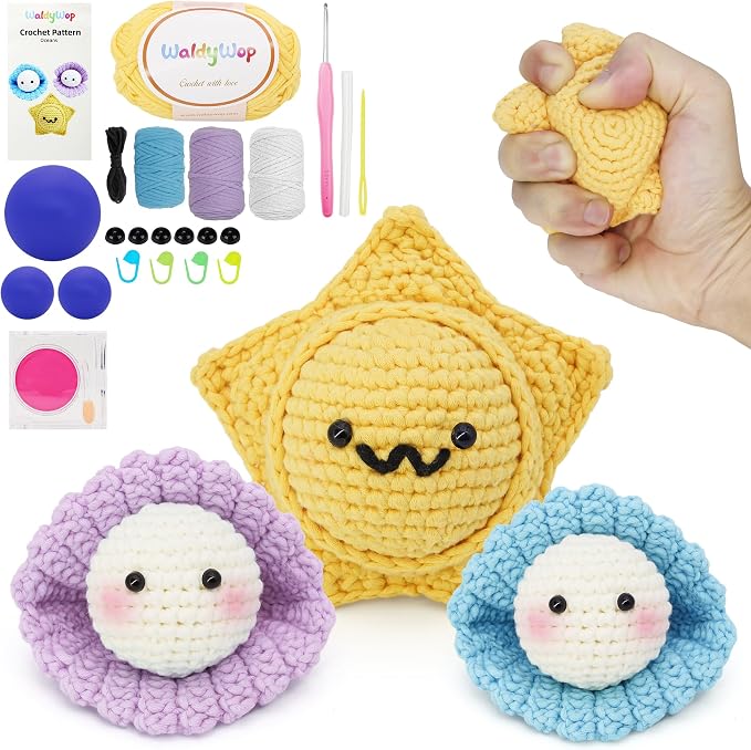 WaldyWop Crochet Kit for Beginners: 3Pcs Ocean Friends Wobbles Crochet Animal Kit for Starter Adults - Dly StressRelief Ball w/ 40% Extra Yarn, Easy Video & Instructions - Christmas Gift for Women