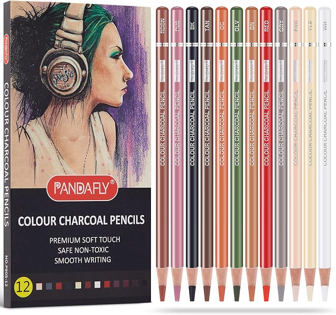 PANDAFLY Professional Colored Charcoal Pencils Drawing Set, 12 Colors | Skin Tone Colored Pencils, Pastel Chalk Pencils for Sketching, Shading, Coloring, Layering & Blending