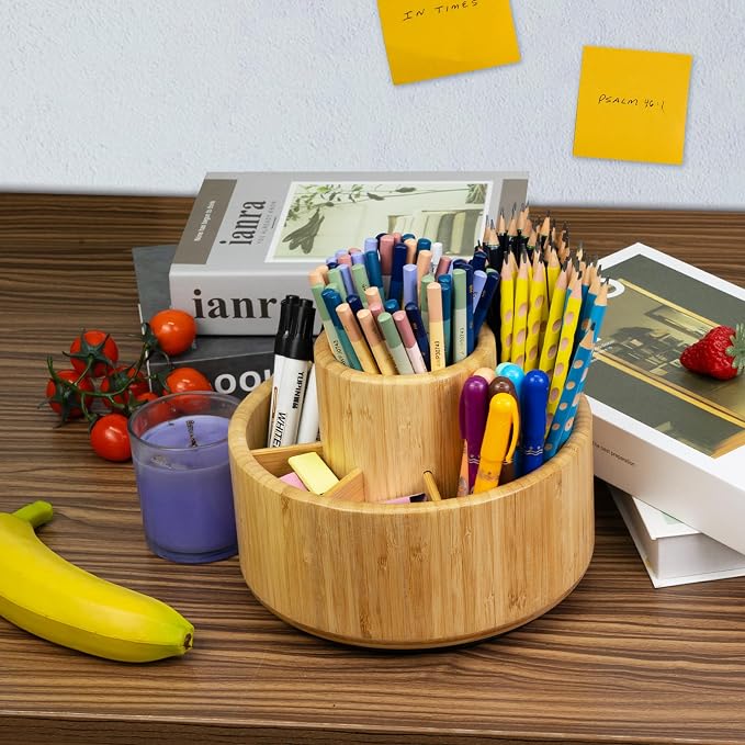 Utoplike Bamboo Rotating Art Supply Desk Organizer, Pencil Holder Desktop