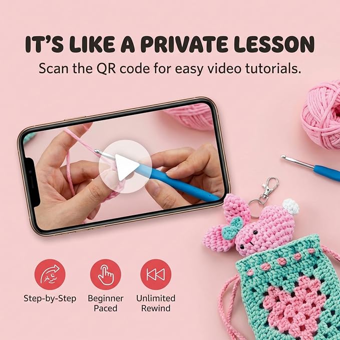 Wimmsie Crochet Animal Kit for Beginners - Easy Granny Square Crochet Kit for Beginners Kids & Adults - Cute Amigurumi Heart Bunny Keychain & Mini Heart Purse - Step by Step Video Tutorials