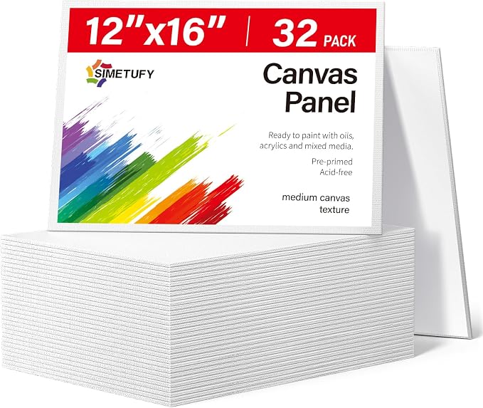 Simetufy 32 Pack 12x16 inch Large Flat Canvas Boards for Painting | Gesso Primed Acid-Free 100% Cotton Paint Canvas Panels for Acrylics Oil Watercolor Tempera