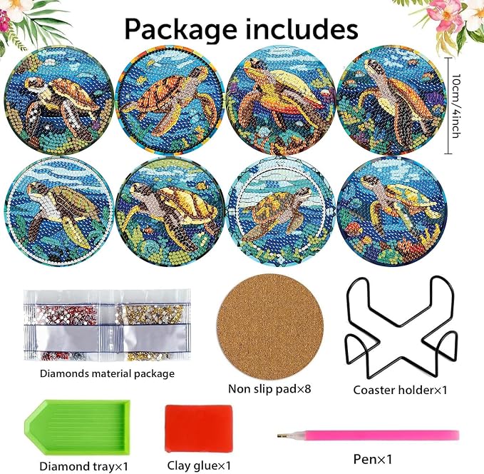 Diamond Art Coasters Kits, 8 Pcs Turtle Diamond Painting Coasters Kits