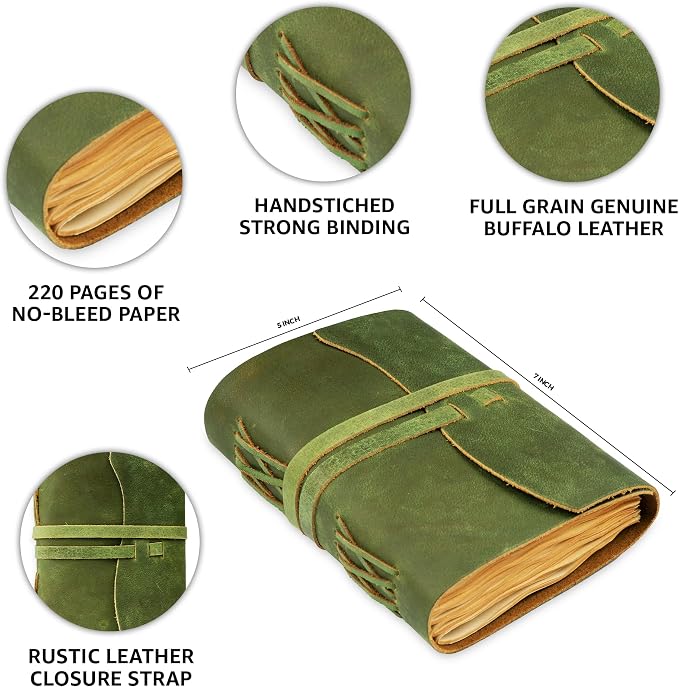LEATHER VILLAGE Vintage Journal Edge Cut, Forest Green 7x5.