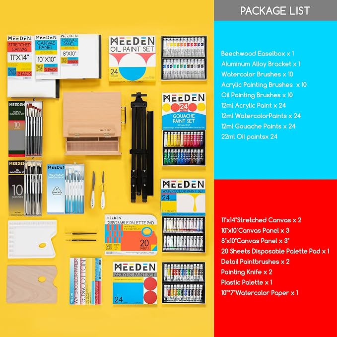 MEEDEN 142 PCS Painting Kit: Art Supplies with Aluminum & Tabletop Easel | Painting Set for Adults Artists Beginners - All in One Art Supplies with Acrylic Oil Watercolor Gouache Paints Canvas