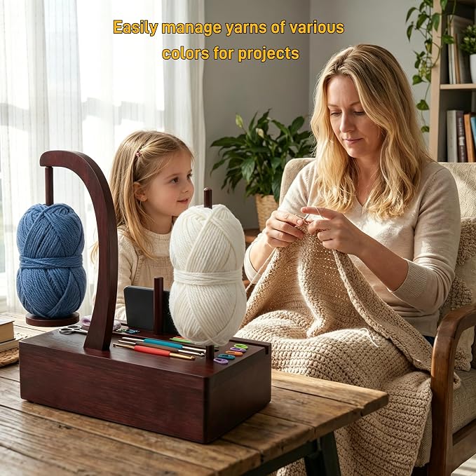 Ojdn hvy Upgrade Yarn Holder for Crocheting, Larger Size Wooden Magnetic Rotating Yarn Spinner with 2 Spindles, Large Storage Box, Perfect Crochet Gift for Knitting Lovers, Women, Mom, Grandma
