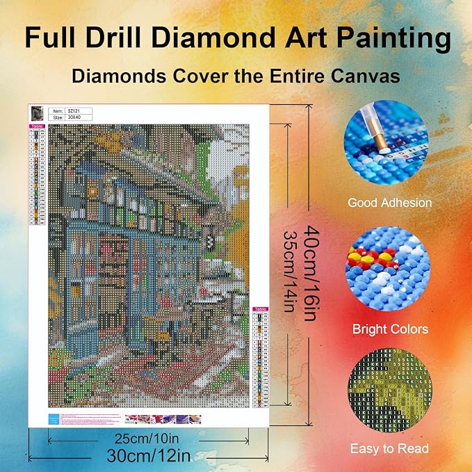 Ycydilirab Diamond Art Kits for Adults Bookshop-5D Diamond Painting for Adults,Scenery Gem Art for Adult Perfect for Relaxation and Home Wall Decor 12x16inch