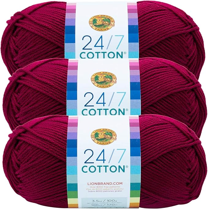 Lion Brand 24/7 Cotton Yarn, Lightweight Yarn for Knitting, Crocheting, and Crafts, Magenta, 3 Pack