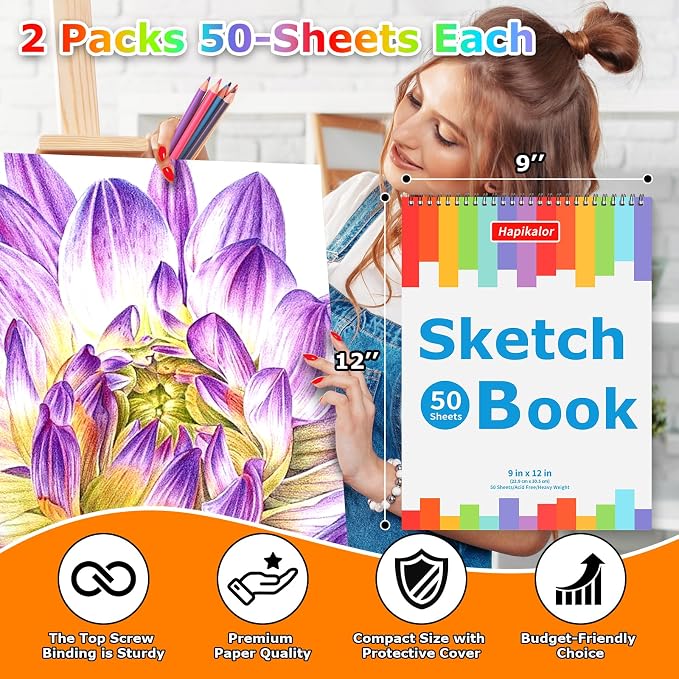 9" x 12" Sketch Book, 2-Pack 50 Sheets Spiral Bound Art Sketchbook Notebook | Acid Free Artist Drawing Book Paper, Art Supplies for Adults Kids, Coloring Book, Sketch Paper for Drawing Coloring Sketching