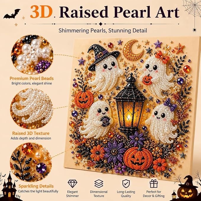 Halloween Pearl Art Kit, Cute Ghost 3D Diamond Art DIY Craft Kit with Resin Pearls, Spooky Cute 3D Diamond-Painting Crafts for Adults, Fall Home Decor Wall Art, Beginner DIY Seasonal Party Gift (#A)