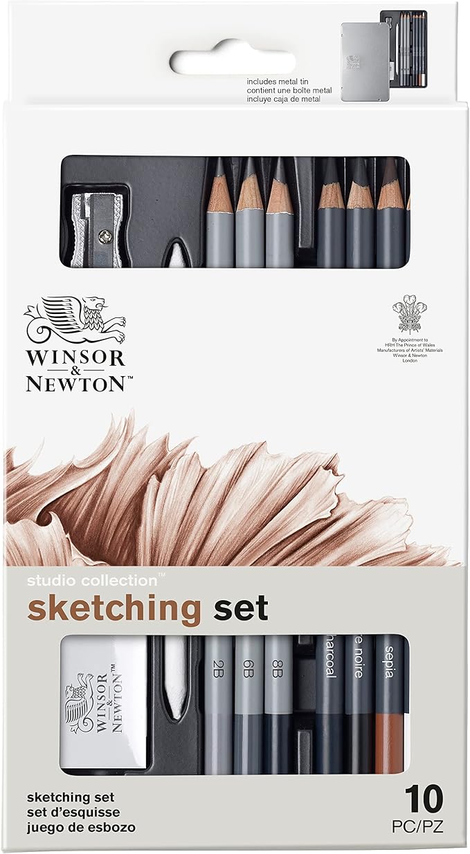 Winsor & Newton Studio Collection, Sketching Pencils, Set of 10 | Soft, Thick Core pencils, Varied Hardness, Soft Smooth Texture, Easy Blending, Stylish Metal Tin Included, High Quality Lead