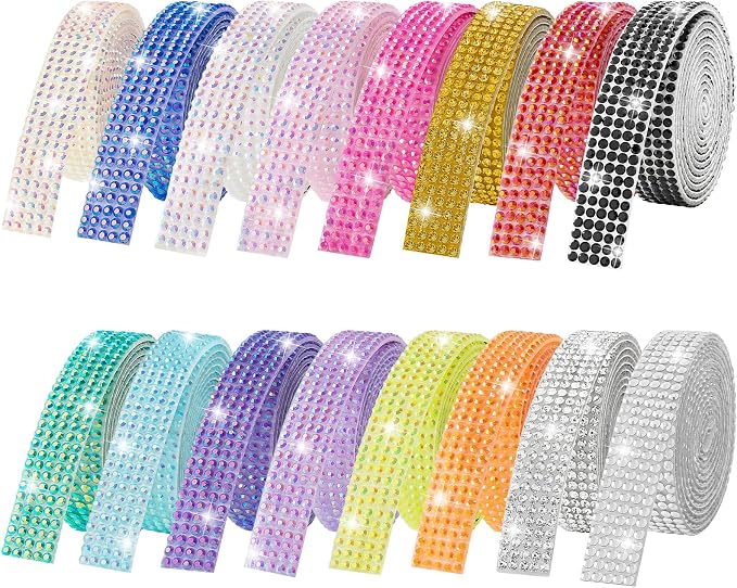 16-Yard Bedazzling Strips, 5-Rows 16-Roll Rhinestone Ribbon Self Adhesive, 16 Colors Bedazzling Kit, Rhinestones for Crafting, Rhinestone Strips for DIY Craft, 0.45inch Width