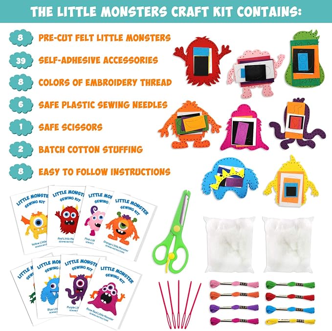 CiyvoLyeen Kids Sewing Kit Crafts – Little Monsters Felt Plush DIY Craft Adopt A Monster Educational Sewing Set for Kids Beginner Craft Kit Set of 8