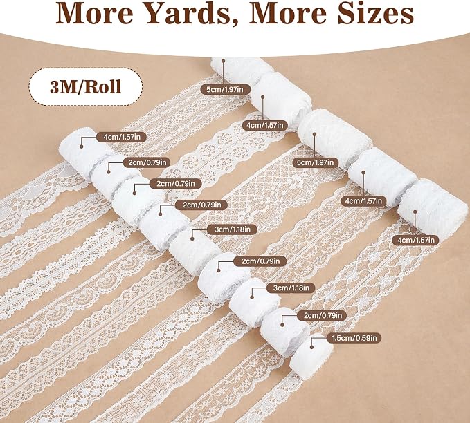 ilauke 46 Yards White Lace Ribbon 14 Rolls Vintage Lace Trims 0.6 to 2.1 inch Ribbon Laces with Assorted Pattern for Sewing, Crafts, Wedding Decor, Flower Ribbons, 3.28 Yards Each
