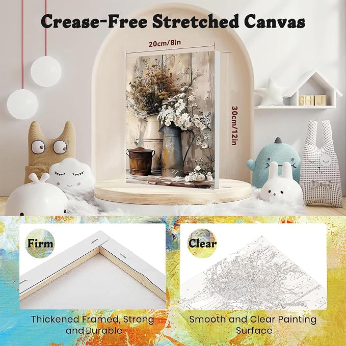 Vintage Flower Paint by Numbers for Adults with Framed Canvas 8x12 inch | Rustic Flowers Paint by Number on Canvas, DIY Acrylic Oil Painting Kits with Wooden Easel Brushes for Home Wall Decor