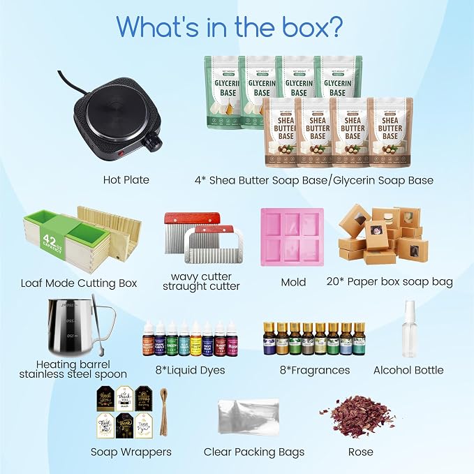 VUSIBA Deluxe Soap Making Supplies Kit with 100+ PCS Supplies for Adults | All in One Soap Kit, Electric Hot Plate, 4.4 lbs Soap Base, 8 Fragrance Oils, 8 Dyes, Soap Packing Supplies