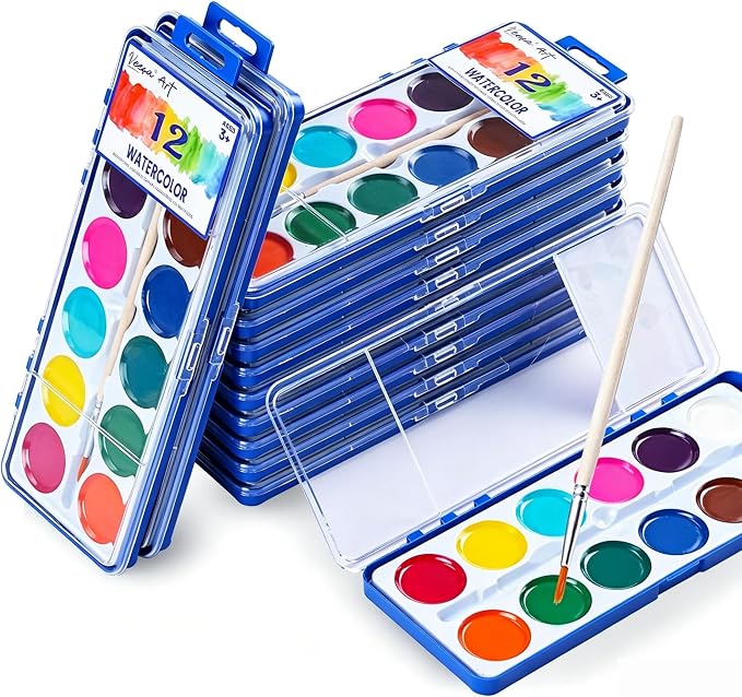 VEESA 12-Colors Watercolor Paint Set for Kids, 12 Pack，Washable | Non-Toxic, Wood Brushes Included, for Classroom, Party Favors, Birthday Gifts
