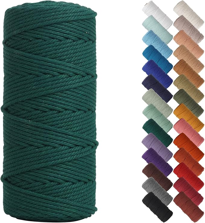 NOANTA Dark Green Macrame Cord 3mm x 109yards, Cotton Rope Macrame Yarn | Macrame Rope Supplies, 3 Strand Twisted Cotton Yarn String, Cotton Cord for Wall Hanging, Plant Hangers, Crafts, Knitting