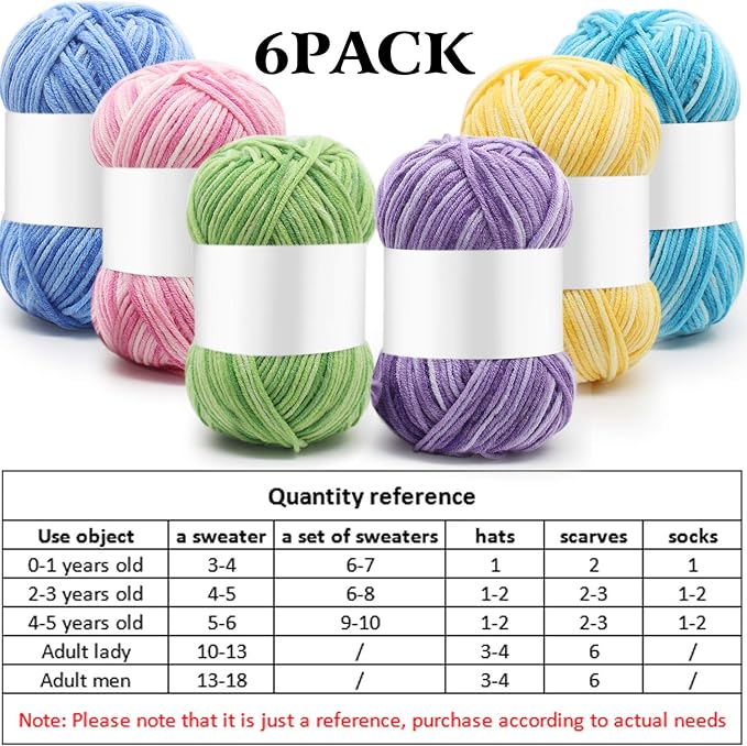 6 Pieces 50 g Crochet Yarn Multicolor Acrylic, 5-ply, Pastel Colors