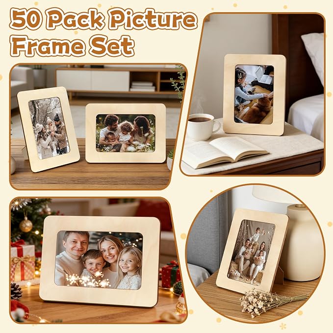 VOKOY 50 Pack Wooden Picture Frames for Crafts, DIY Wood Craft Picture Frames Bulk for 4" x 6" Photos,Unfinished Standing Photo Frames DIY Crafts Wood Decorate for Birthday Party Gifts
