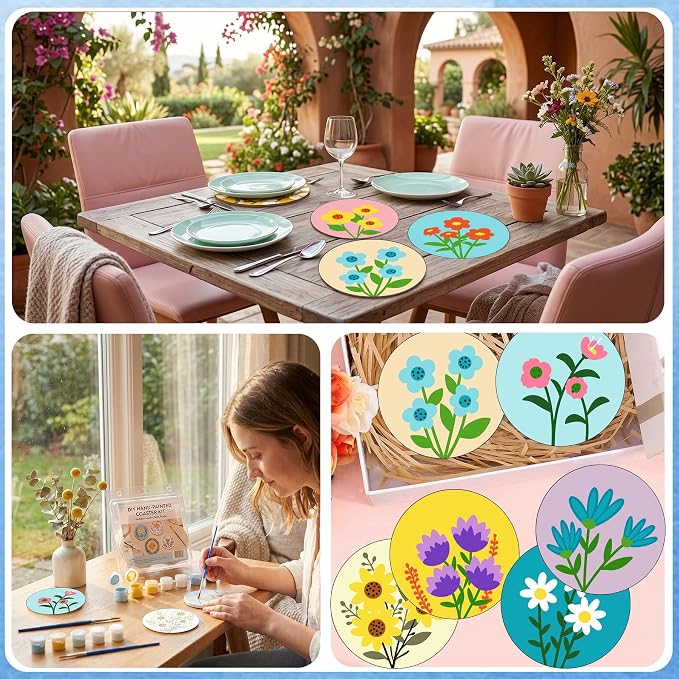 8 Pack Floral Paint by Numbers Kits Coasters with Holder Cork Pads | Flowers Paint by Number Kits for Adults Simple Round Oil Painting Coaster for Small DIY Craft Holiday Birthday Gift 3.9x3.9in