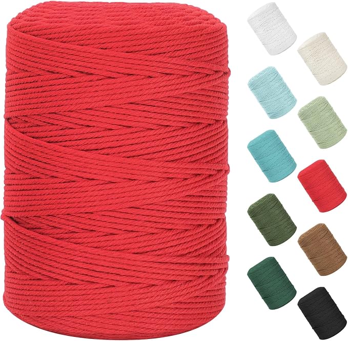 Natural Cotton Macrame Rope - 3mm x 380Yards (1140Feet), 4 Strands Twisted Macrame Cord for Wall Hanging, Plant Hangers, Crafts, Gift Wrapping and Wedding Decorations, Red
