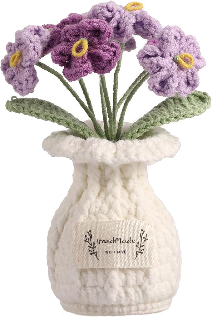 Forget-Me-Not Crochet Flower Potted Plant – Handmade Desk Decor, 7 Bloom Crochet Flowers in Gentle Purple Shades
