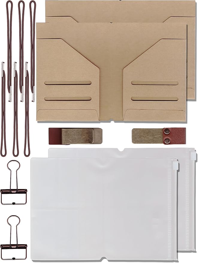 2 Pack Passport Travelers Notebook Accessories Kit Includes Kraft File Folders, PVC Zipper Pouches, Pen Holders, Binder Clips & Elastic Bands for Travel Journal Organizer Supplies