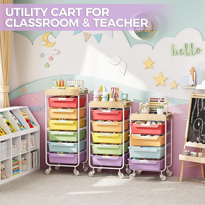 SYKIARIOL Utility Cart with 5 Labeling Drawers and Wooden Tabletop | Rolling Storage Cart for Crafters, Artists, Kids, Teachers, and Students – Organize Arts, Crafts, Sewing & Study Supplies