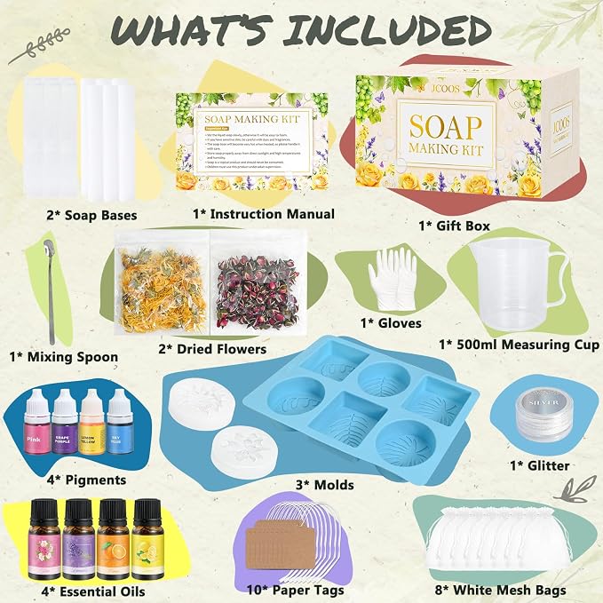 Jcoos DIY Soap Making Kit, Soap Making Kit for Adults Girls, Make Your Own Soap Making Supplies, Shea Butter Glycerin Base, Mold, Dried Flowers, Dye, DIY Scents Crafts, Valentine's Day Gifts