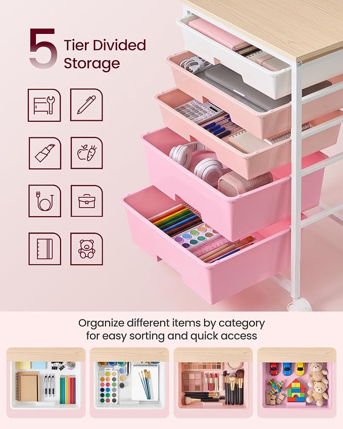 VASAGLE Rolling Cart with Drawers,5 Drawers Storage Cart, Pink