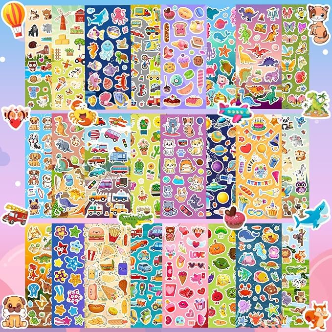 24 Sheets Stickers for Kids & Toddlers, Cute Kids Stickers Variety Pack | Stickers for Scrapbooking, Teachers Classroom Prizes, Goodie Bag Stuffers Including Animals, Cars, Dinosaurs, Hearts and More