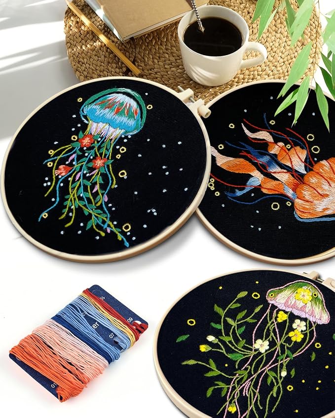 TINDTOP 5 Pack Embroidery Kit for Adult, Embroidery DIY Starter Kit | for Beginners Include Embroidery Cloth Hoops Threads for Craft Lover Hand Stitch with Embroidery Skill Techniques