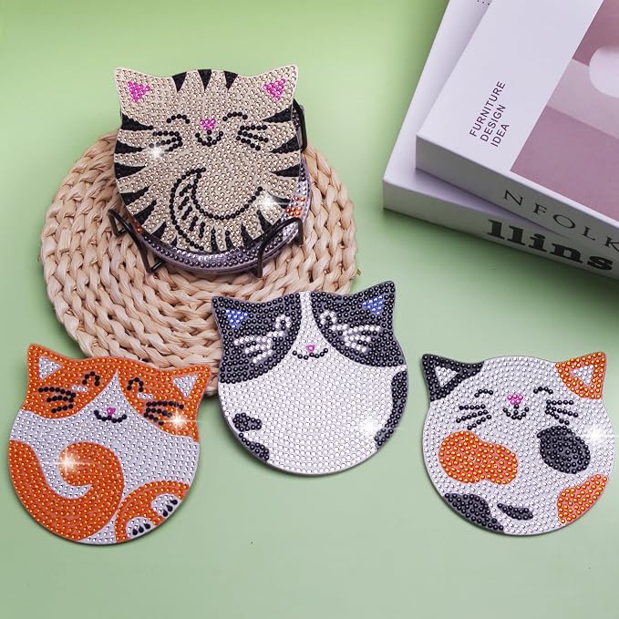 Vcekract 6 Pcs Cat Diamond Art Coasters Kit for Adults | Diamond Painting Coasters with Holder & Protective Backing, Diamond Art Adult Crafts for Table Home Decoration