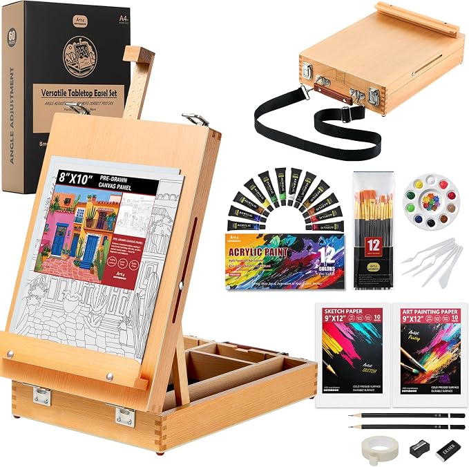60 Pieces Beechwood Tabletop Easel Set for Painting with Shoulder Strap | 2-in-1 Art Supplies Designed for Painting & Sketching, Upgraded Art Easel with Built-In Sketchbox Storage, Adjustable Angle